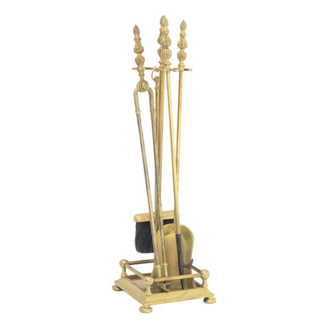 Neoclassical Style Brass Fireplace Tool Set, 5 Pcs. For Sale