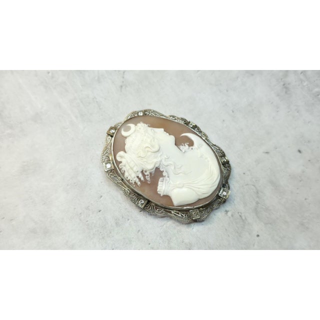 Antique Shell Cameo White Gold With Diamond Brooch Greek Goddess Artemis For Sale - Image 4 of 8