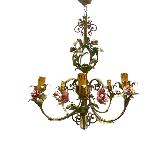 Florentine Tole Ceramic Flower Chandelier, 1960s For Sale - Image 14 of 14