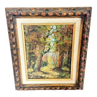 Vintage Modern Impressionist Gold Framed Autumn Forest Impasto Oil Painting MCM For Sale
