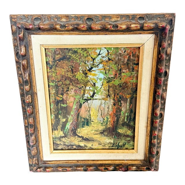 Vintage Modern Impressionist Gold Framed Autumn Forest Impasto Oil Painting MCM For Sale