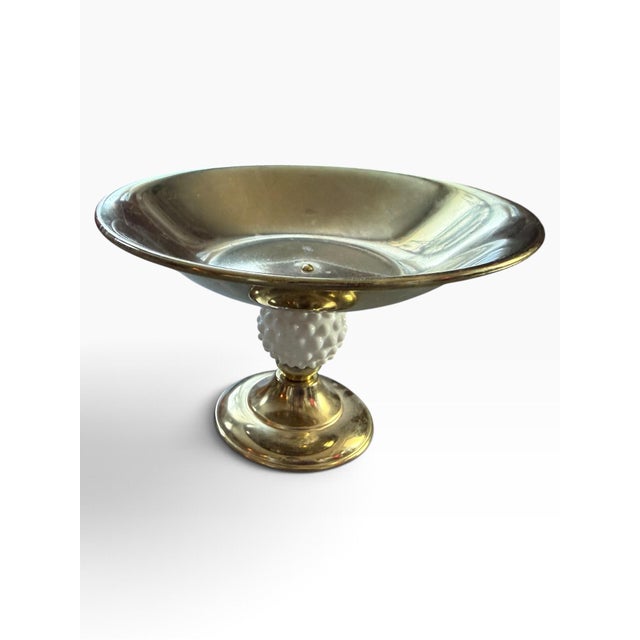 Hollywood Regency Vintage Hollywood Regency Hobnail Milk Glass & Gold-Tone Pedestal Compote Bowl For Sale - Image 3 of 9
