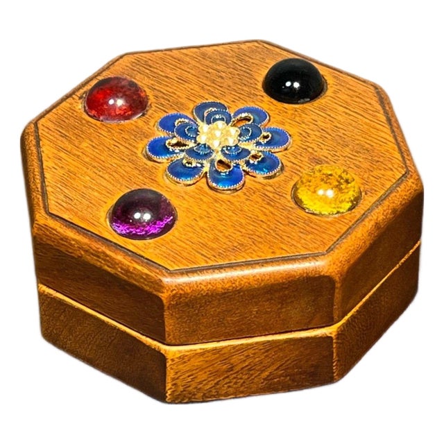 Vintage Rosewood Octagonal Box | Faux Gemstone Inlay | Chinoiserie Trinket Box For Sale