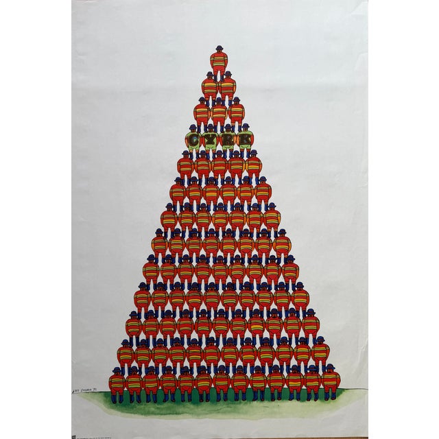 Striking Polish circus poster designed by Jan Sawka in 1975. Pyramid of Acrobats features a large triangular human pyramid...