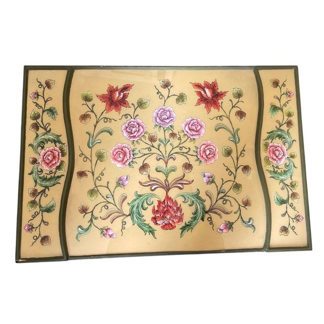 Vintage Hollywood Regency Style Floral Chinoiserie Glass-Top Serving Tray For Sale - Image 4 of 12