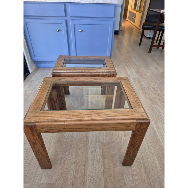 Vintage Drexel Style Heritage Accolade Collection Glass-Top End Tables With Oak Wood Frames. For Sale - Image 4 of 9