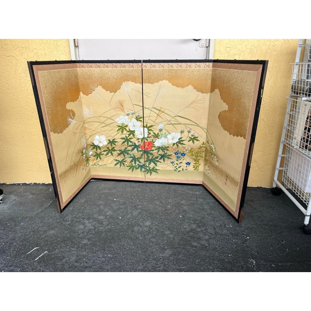 Japanese Vintage Japanese Asian 4 Panel Boybu Folding Screen For Sale - Image 3 of 10