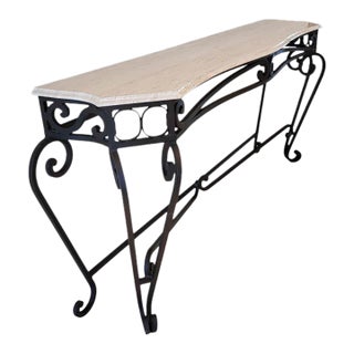 Monumental Spanish Revival Wrought Iron Console Table With Travertine Top For Sale