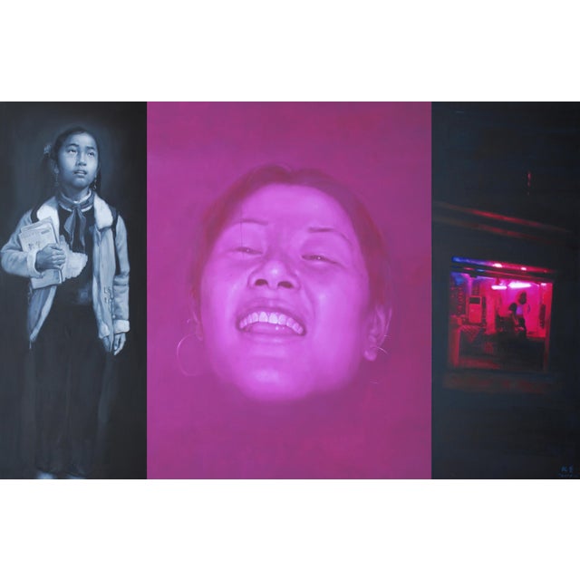 2000 - 2009 Wei Yi, Lin and Her Childhood, Large Oil on Canvas Triptych, 2008, Set of 3 For Sale - Image 5 of 6