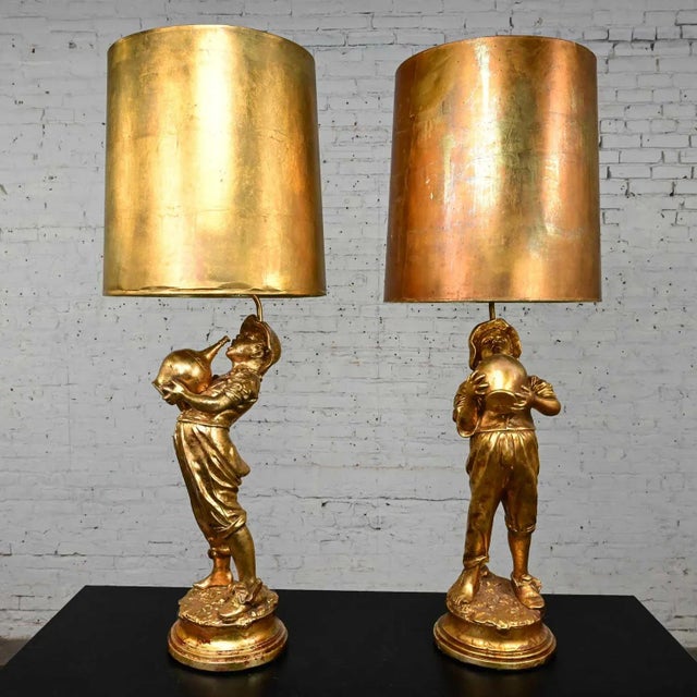 Mid Century Hollywood Regency Gilded Plaster Large Scale Figural Lamps Boy With Jug Style Marbro, a Pair For Sale - Image 13 of 13