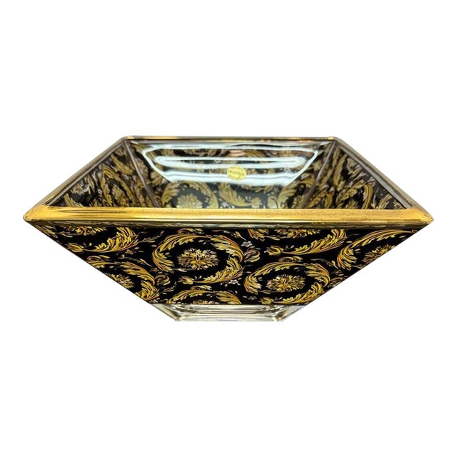 Murano Art Glass Bowl Black Gold Floral Baroque Art Nouveau Decotech Italy VTG For Sale