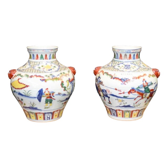 Chinese Qianlong Hand Painted Porcelain Vases, Set of 2 For Sale
