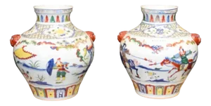 Chinese Qianlong Hand Painted Porcelain Vases, Set of 2