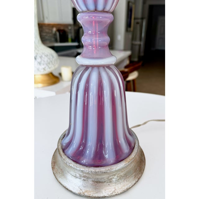 Large Raspberry Lavender Opaline Murano Glass Ribbed Table Lamp by Barovier For Sale - Image 12 of 16