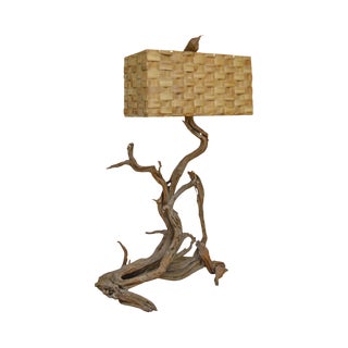 Mid-Century Large Driftwood Floor Lamp With Sabutan Dornbush Woven Shade For Sale