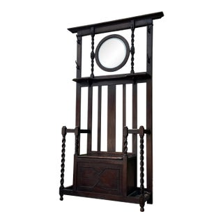 Antique Barley Twist Hall Tree With Mirror, Storage Bench & Umbrella Stands For Sale