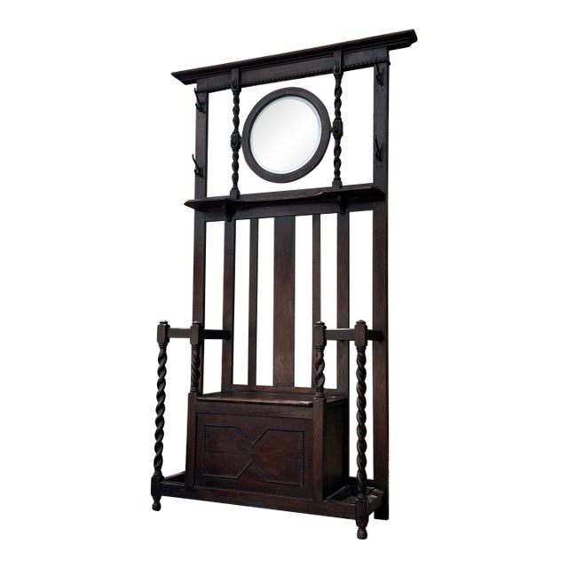 Antique Barley Twist Hall Tree With Mirror, Storage Bench & Umbrella Stands For Sale