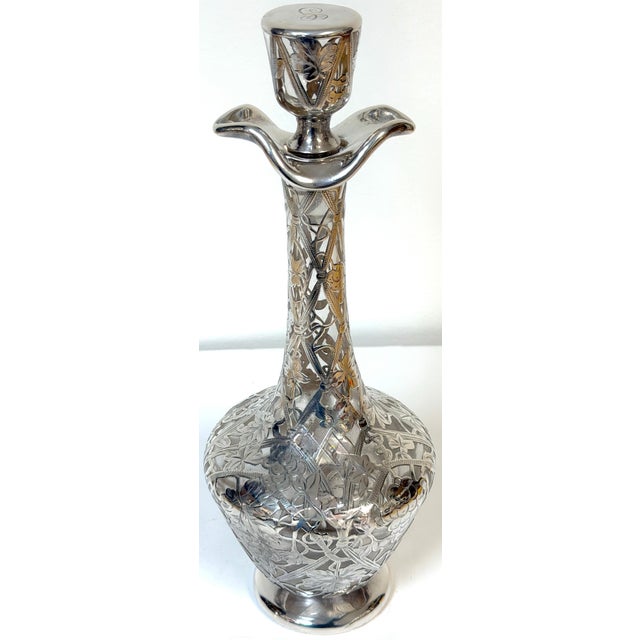 Large Art Nouveau Silver Overlay Grapevine Decanter Attributed to Alvin Silver Co. A striking American Art Nouveau silver...