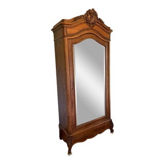 Antique Armoire With Beveled Mirror and Herringbone Pattern For Sale