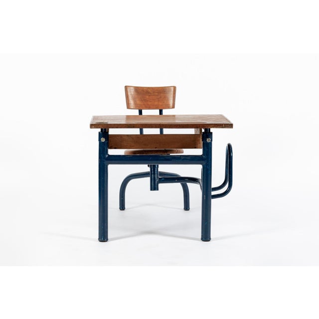 Mid-Century Modern Vintage Antique Wood & Metal Child’s School Desk and Chair in the Style of Jean Prouvé For Sale - Image 3 of 14