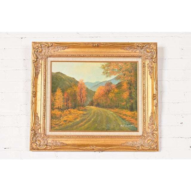 Original Artist Signed Scenic Fall Drive Oil Painting in Carved Giltwood Frame For Sale - Image 12 of 12