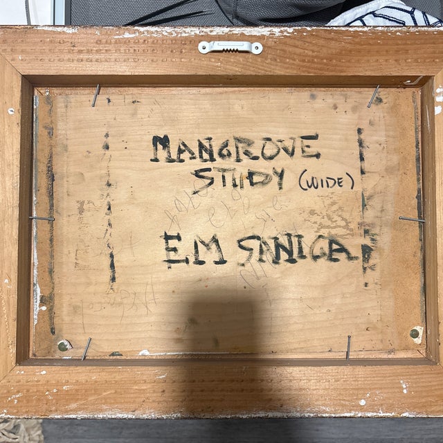 1980s Mangrove Study Original Oil Painting on Board by e.m. Saniga Landscape of Captivated Island, Framed, Marked and Signed For Sale In Los Angeles - Image 6 of 8