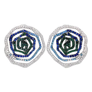 Late 20th Century 18K White Gold Diamond Sapphire Floral Designer Earrings, Pair For Sale