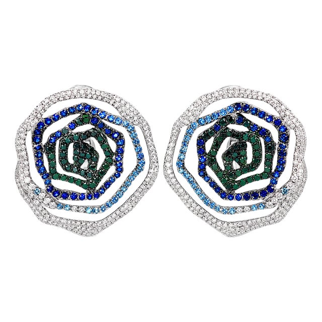 Late 20th Century 18K White Gold Diamond Sapphire Floral Designer Earrings, Pair For Sale