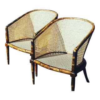 1970s Vintage Faux Bamboo Barrel Chairs- A Pair For Sale