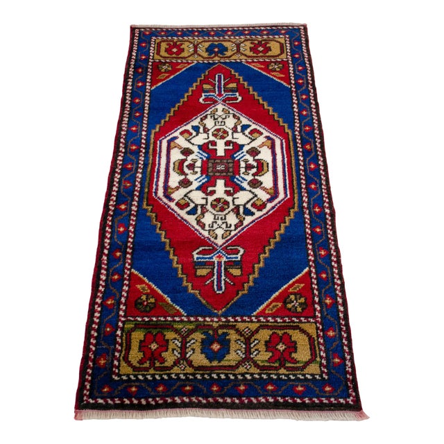 1970s Hand Made Small Turkish Rug. DoorMat Entry Decor Kitchen Mat Baht Mat - 20'' X 44'' For Sale