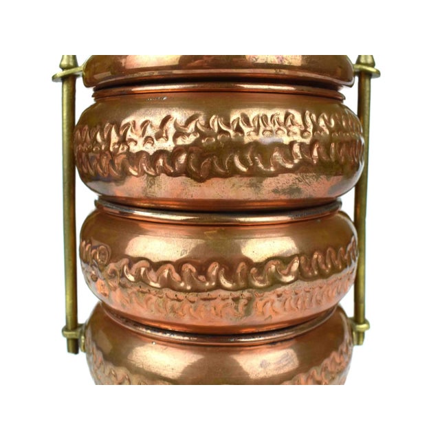Mid 20th Century Hand Hammer Engraved Stackable Three Compartments Tiffin Copper and Brass Lunch Box For Sale - Image 6 of 11