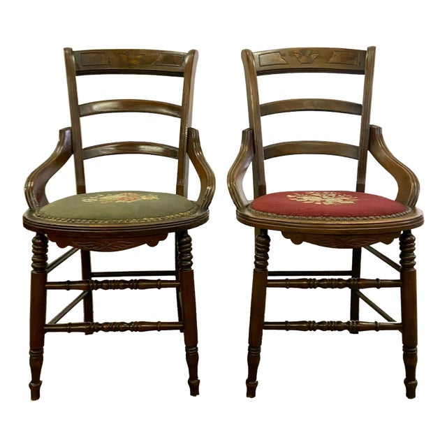 Antique 19th Century Victorian Needlepoint Ladderback Chairs - Pair For Sale