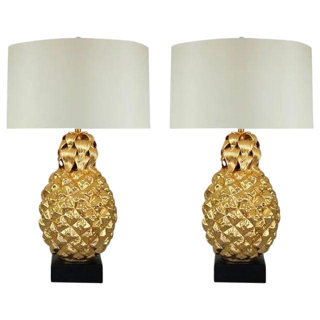 Marbro Italian Ceramic Pineapple Lamps Gold For Sale - Image 11 of 12