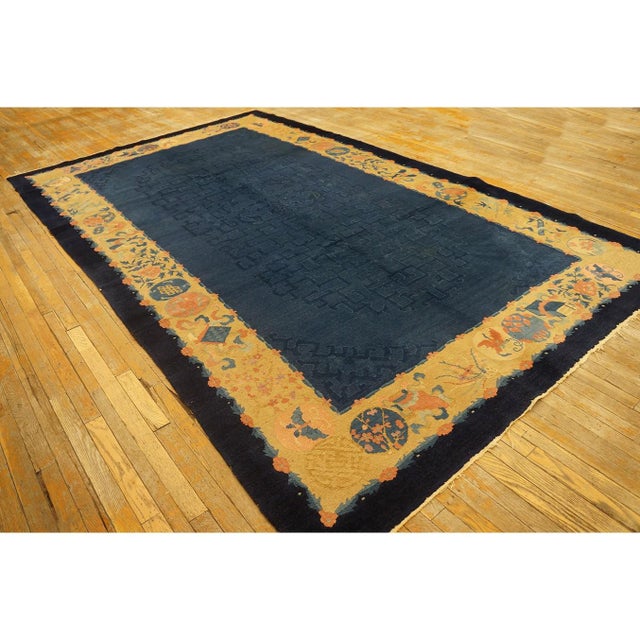 1920s Blue Ground Geometric Antique Chinese Peking Rug 6'10" X11'8" Wool Carpet For Sale In New York - Image 6 of 11