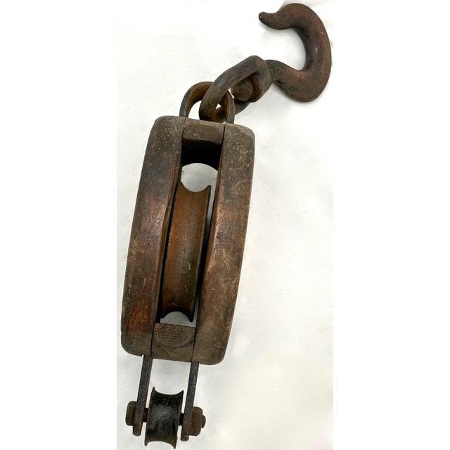 Black Large Antique Tall Ship Sail Rigging Block & Tackle Pulley by Boston & Lockport Block Company For Sale - Image 8 of 12