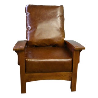 Craftsman / Mission Leather and Oak Morris Chair - Chestnut For Sale