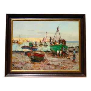 1970s "Waiting for Evening Fishing - Italy", Original Oil on Canvas Painting