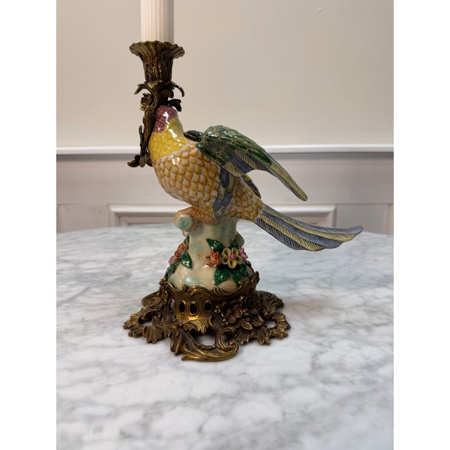 Vintage French-Style Porcelain Parrot Candlestick With Ornate Brass Base For Sale - Image 4 of 7