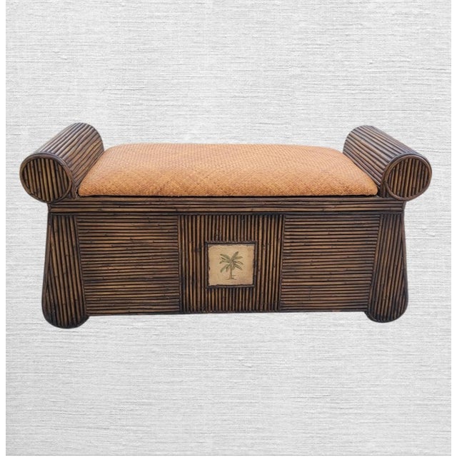 Traditional Vintage Wicker Brown Pencil Reed Tan Wicker Storage Flip Top Bench For Sale - Image 3 of 10