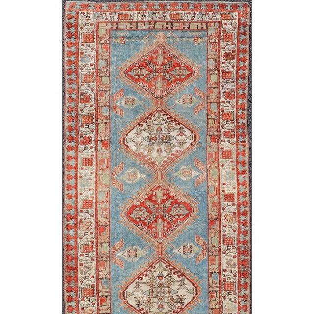 Tribal Antique Hand-Knotted Sarab Runner With Sub-Geometric Design in Red, Blue & Ivory 3'2"x10'2" For Sale - Image 3 of 12
