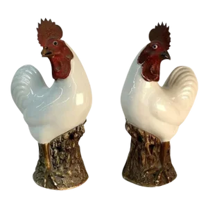 Large 18th Century Chinese Export Porcelain Cockerels or Roosters on Fitted Carved Wood Bases - a Pair