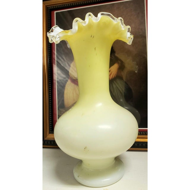 Vintage Fenton Hand-Painted Butterfly Uranium Glass Vase | Satin Custard Ruffled Rim For Sale - Image 11 of 12