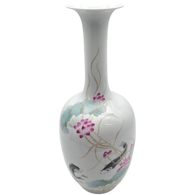 Ceramic Jingdezhen Fencai Lotus and Koi Tall Porcelain Studio Vase, 18.5 Inches For Sale - Image 7 of 16