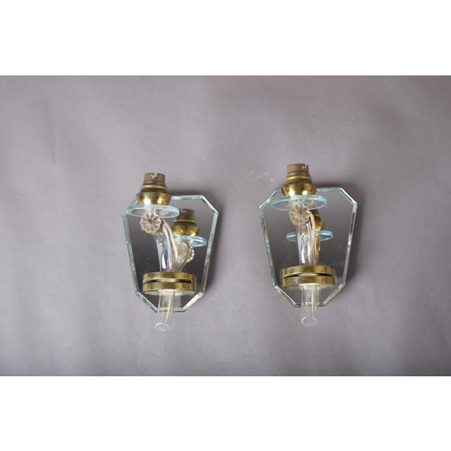 Art Deco French Mirrored Glass and Brass Wall Sconces, 1940s, Set of 2 For Sale - Image 11 of 17
