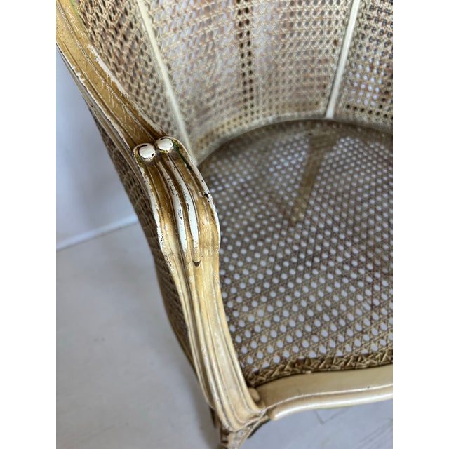 Ivory Vintage French Louis XV Style Carved Cane Barrel Back Armchair For Sale - Image 8 of 11