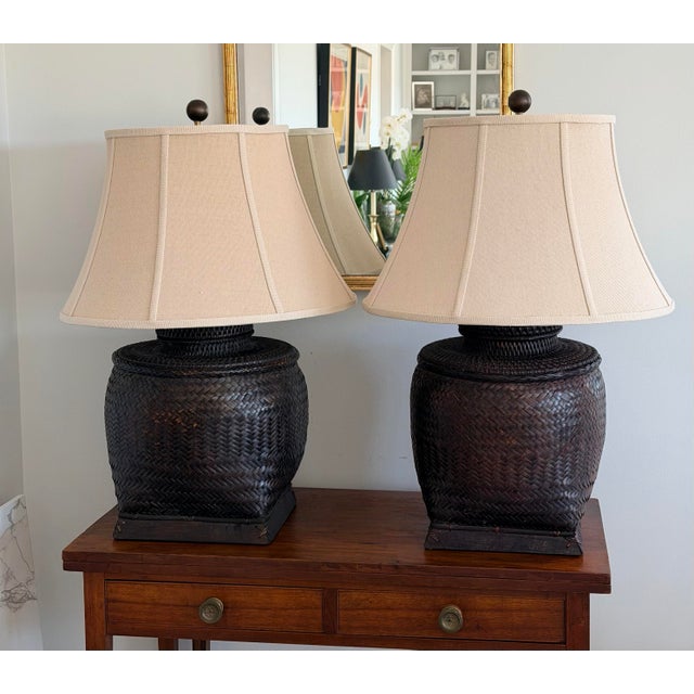 1990s 1990s Monumental Antique Rice Bin Woven Rattan Table Lamps by the Natural Light - a Pair For Sale - Image 5 of 12