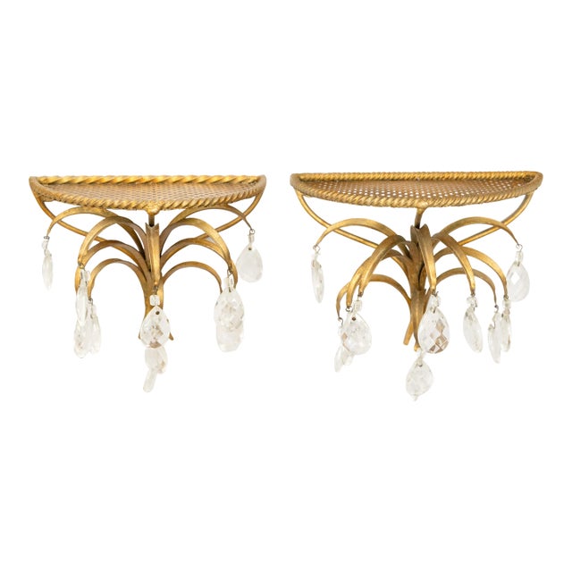 Mid-Century Hollywood Regency Italian Gilt Tole & Crystals Wall Brackets Shelves - a Pair For Sale