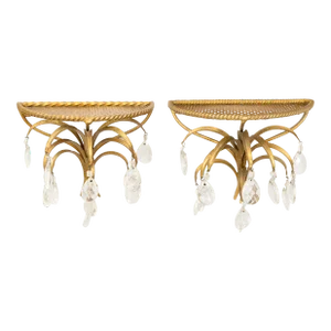 Mid-Century Hollywood Regency Italian Gilt Tole & Crystals Wall Brackets Shelves - a Pair