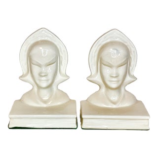 1920s Antique Art Deco Folk Art Twin Schoolgirl Busts Bookends - A Pair For Sale