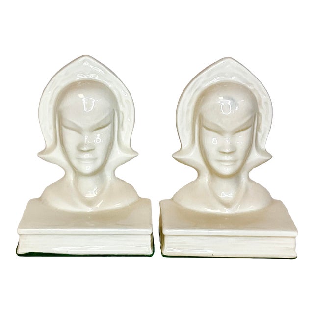 1920s Antique Art Deco Folk Art Twin Schoolgirl Busts Bookends - A Pair. For Sale